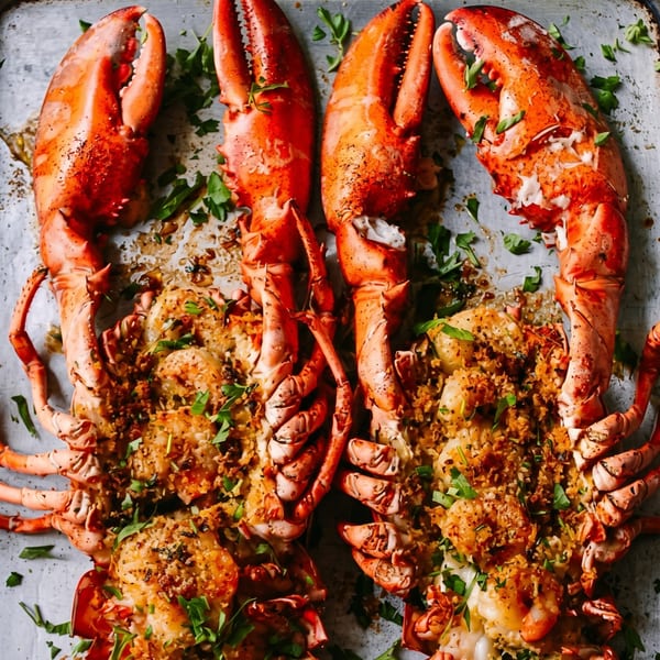 Two baked lobsters, split lengthwise, topped with breadcrumbs and fresh parsley on a metal tray.