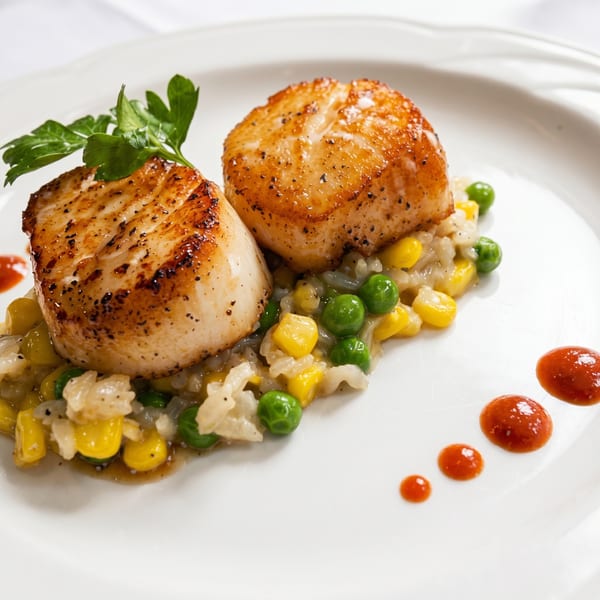 Two seared scallops on a bed of rice with corn and peas, garnished with parsley and sauce.