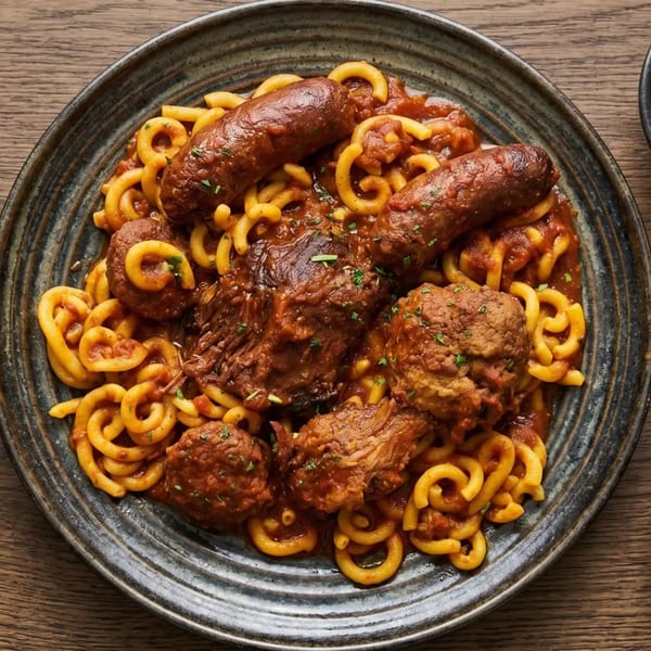 Pasta with sausages, meatballs, and braised beef in a rich red sauce on a dark plate.