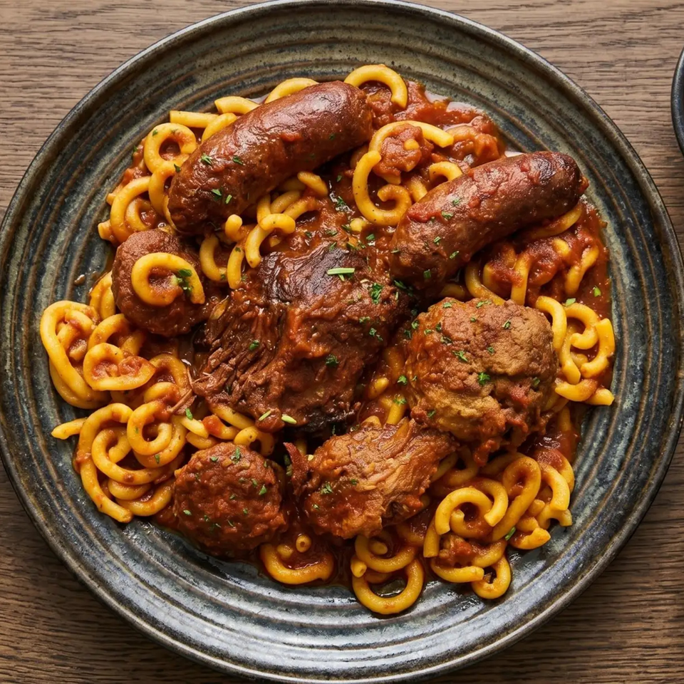Pasta with sausages, meatballs, and braised beef in a rich red sauce on a dark plate.