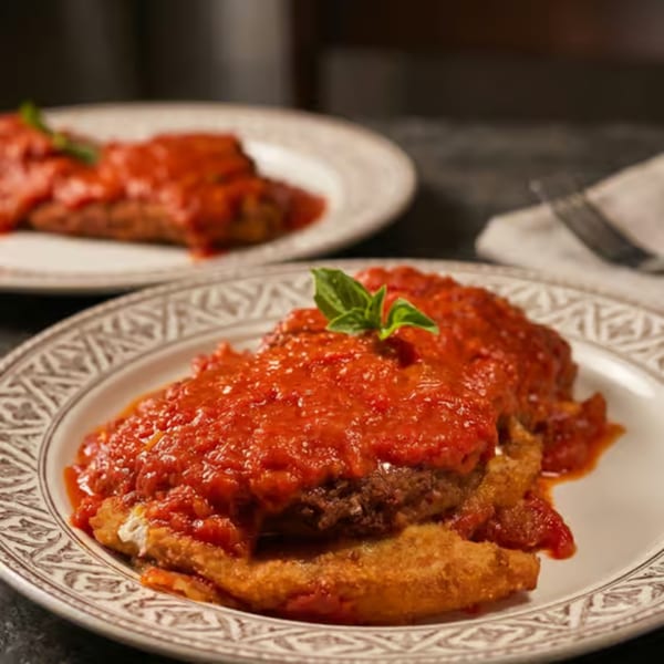 Two plates of breaded cutlets topped with rich red tomato sauce and fresh basil.