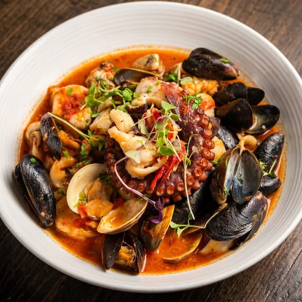 Seafood cioppino with octopus, mussels, clams, shrimp, and microgreens in a rich red broth.